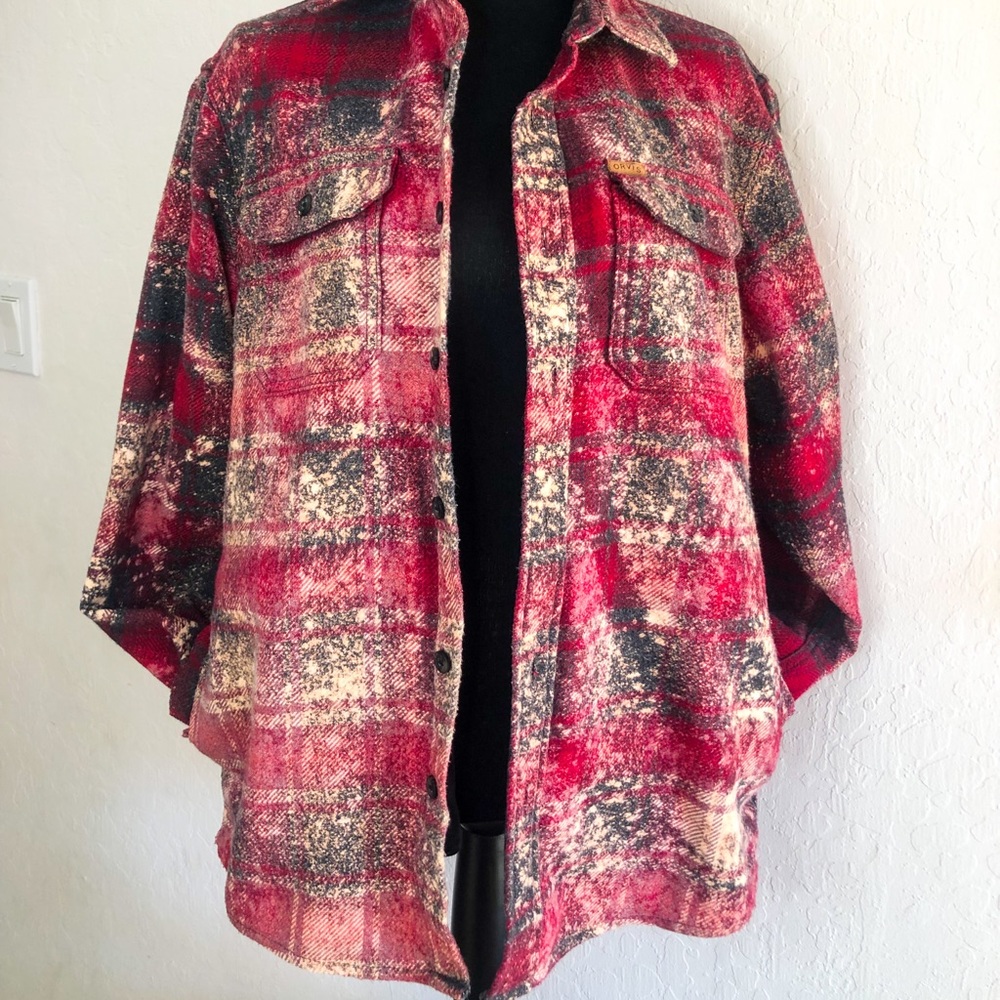 Red plaid bleached flannel jacket